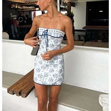 Argeousgor Women Y2k Off Shoulder Short Tube Dresses Strapless Open Back Mini Dress Pleated A-Line Dress Trendy Streetwear