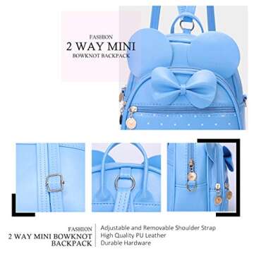 KL928 Girls Bowknot Polka Dot Cute Mini Backpack Small Daypacks Convertible Shoulder Bag Purse for Women (L.blue)