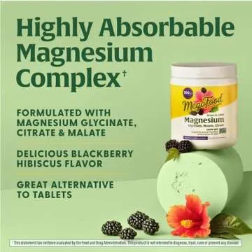 MegaFood Relax + Calm Magnesium Powder - Highly Absorbable Magnesium Glycinate, Magnesium Citrate & Magnesium Malate - Without 9 Food Allergens - Blackberry Hibiscus Oasis - 7.05 Oz (50 Servings)