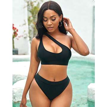 NAFLEAP One Shoulder Cutout Black Bikini Set for Women High Waisted Bottom Swimsuit Two Piece Bathing Suit, M