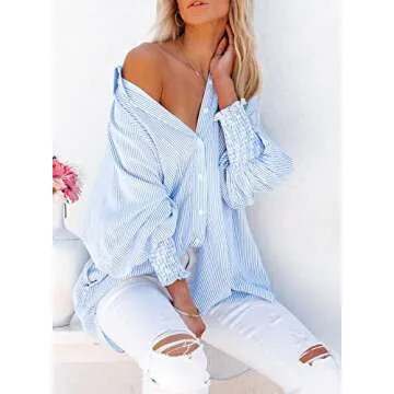 Women's Smocked Cuffed Striped Boyfriend Shirt with Pocket Casual Collar Long Sleeve Blouse Tops for Pocket Shirred Blue