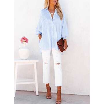 Women's Smocked Cuffed Striped Boyfriend Shirt with Pocket Casual Collar Long Sleeve Blouse Tops for Pocket Shirred Blue