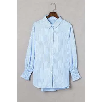 Women's Smocked Cuffed Striped Boyfriend Shirt with Pocket Casual Collar Long Sleeve Blouse Tops for Pocket Shirred Blue
