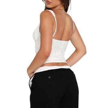 REORIA Women's Summer Fashion Sexy Square Neck Sleeveless Cute Trendy Going Out Lace Bustier Crop Tank Tops White Large
