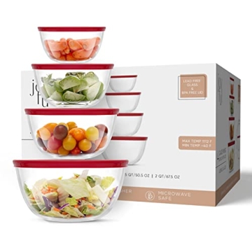 JoyJolt Kitchen Large Mixing Bowl Set - 8pc Glass with Lids Set – Neat Nesting/ Batter Bowl - Cooking Bowls - Storage Bowls with Lids and Big Salad Bowl with BPA-Free Lids