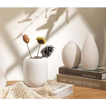 White Ceramic Vase Set of 3,Small Ribbed Vases for Rustic Home Decor,Modern Farmhouse Decor, Living Room Decor, Book Shelf, Mantel and Minimalism Dining Coffee Table Decor