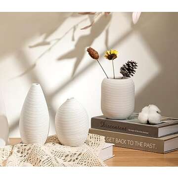 White Ceramic Vase Set of 3,Small Ribbed Vases for Rustic Home Decor,Modern Farmhouse Decor, Living Room Decor, Book Shelf, Mantel and Minimalism Dining Coffee Table Decor