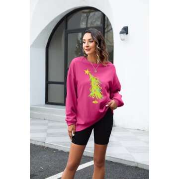 MAXIMGR Christmas Sweatshirts for Women Christmas Tree Graphic Sweatshirt Merry Christmas Shirts Xmas Holiday Pullover Tops Hot Pink
