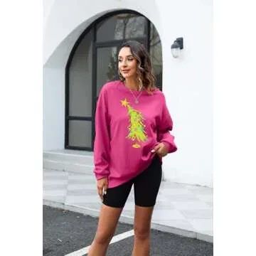 MAXIMGR Christmas Sweatshirts for Women Christmas Tree Graphic Sweatshirt Merry Christmas Shirts Xmas Holiday Pullover Tops Hot Pink