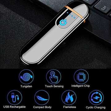 Electric Lighter Slim Coil Lighter USB Rechargeable Windproof Cigarette Lighters with Smart Fingerprint Sensor Double Side Ignition (Black)