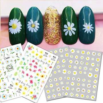 12 Sheets Flower Nail Art Stickers, Adhesive Nail Decals Daisies Flowers Mix DIY Design Spring Summer Nail Decoration Accessories for Girl Women