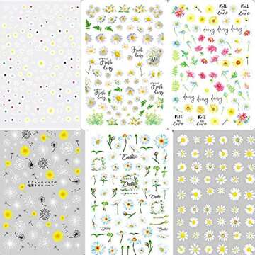 12 Sheets Flower Nail Art Stickers, Adhesive Nail Decals Daisies Flowers Mix DIY Design Spring Summer Nail Decoration Accessories for Girl Women