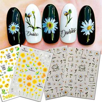 12 Sheets Flower Nail Art Stickers, Adhesive Nail Decals Daisies Flowers Mix DIY Design Spring Summer Nail Decoration Accessories for Girl Women