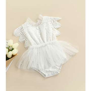 2pcs Summer Baby Girls Romper Dress Headband Knitted Lace Fly Sleeve Solid Ruffles Jumpsuits Clothing (White, 6-12 Months)
