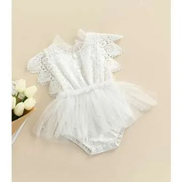 2pcs Summer Baby Girls Romper Dress Headband Knitted Lace Fly Sleeve Solid Ruffles Jumpsuits Clothing (White, 6-12 Months)