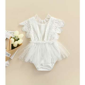 2pcs Summer Baby Girls Romper Dress Headband Knitted Lace Fly Sleeve Solid Ruffles Jumpsuits Clothing (White, 6-12 Months)