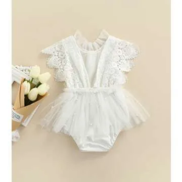 2pcs Summer Baby Girls Romper Dress Headband Knitted Lace Fly Sleeve Solid Ruffles Jumpsuits Clothing (White, 6-12 Months)