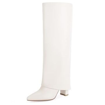 Modatope Women's White Knee High Boots - Chunky Heel & Pointed Toe