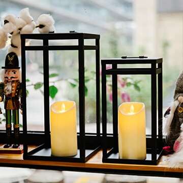 HPC Decor Black Metal Candle Lanterns Set of 2- Lanterns Decorative w/ LED Timer Candles- 15.8'' & 1...