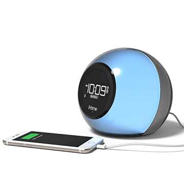 iHome Alarm Clock Radio with Bluetooth Speaker and Color Changing Lamp, USB Charging, and Speakerphone for Home, Office, or Dorm (IBT29BX6)