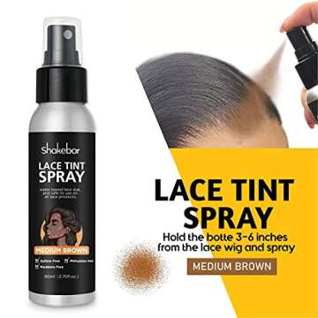 SHAKEBAR Lace Tint Spray for Wigs, 2.7 Fl Oz Medium Brown Shade, Quick Dry Formula for Even and Natural Look