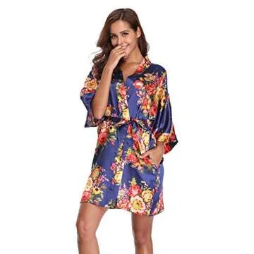 Super Shopping-zone Women's Floral Silk Robes Short Bridesmaids Robes for Wedding Party