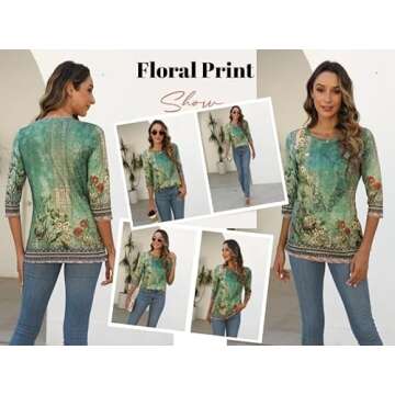 Zeagoo Dressy Casual Basic Blouse Cute Work Tops Crew Neck Floral Print Tshirts Women's 3/4 Sleeve Tunic Top