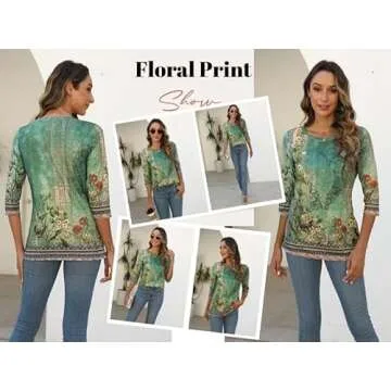 Zeagoo Dressy Casual Basic Blouse Cute Work Tops Crew Neck Floral Print Tshirts Women's 3/4 Sleeve Tunic Top