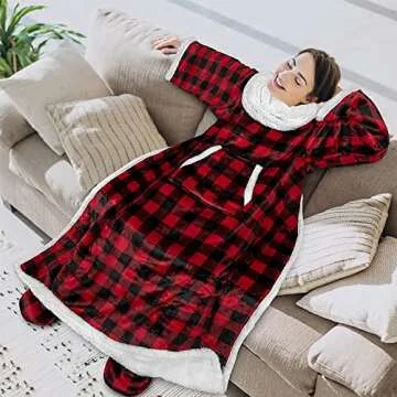 PAVILIA Sherpa Blanket with Sleeves, Foot Pocket for Women Men Adults, Thick Wearable Blanket Throw Wrap, Fleece Warm Snuggle Blanket Robe, Cozy Gift Ideas Wife Mom, Checkered Red