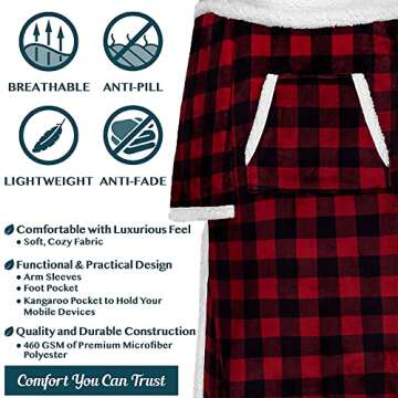 PAVILIA Sherpa Blanket with Sleeves, Foot Pocket for Women Men Adults, Thick Wearable Blanket Throw Wrap, Fleece Warm Snuggle Blanket Robe, Cozy Gift Ideas Wife Mom, Checkered Red