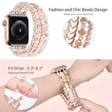 MOFREE Beaded Bracelet Compatible with Apple Watch Band 38mm/40mm/41mm/42mm（Series 10） 9/8/7/SE/6/5/4/3/2/1 Women Fashion Handmade Elastic Stretch Strap for iWatch Bands Replacement Rose Gold