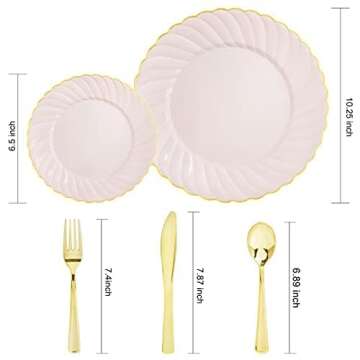 YOUBET 125Pieces Pink Plastic Plates with Gold Rim-Gold Plastic Silverware Include 25 Dinner Plates ...