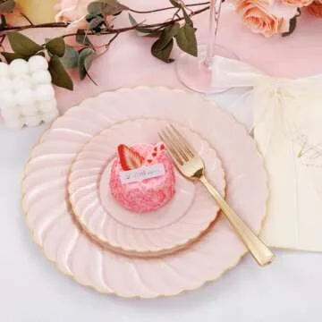 YOUBET 125Pieces Pink Plastic Plates with Gold Rim-Gold Plastic Silverware Include 25 Dinner Plates 25 Dessert Plates 75 Gold Silverwares for Wedding Birthday & Parties