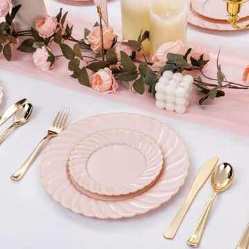 YOUBET 125Pieces Pink Plastic Plates with Gold Rim-Gold Plastic Silverware Include 25 Dinner Plates 25 Dessert Plates 75 Gold Silverwares for Wedding Birthday & Parties