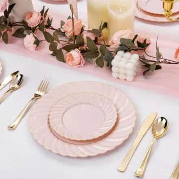 YOUBET 125Pieces Pink Plastic Plates with Gold Rim-Gold Plastic Silverware Include 25 Dinner Plates 25 Dessert Plates 75 Gold Silverwares for Wedding Birthday & Parties