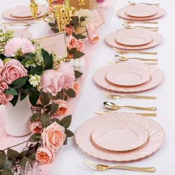 YOUBET 125Pieces Pink Plastic Plates with Gold Rim-Gold Plastic Silverware Include 25 Dinner Plates 25 Dessert Plates 75 Gold Silverwares for Wedding Birthday & Parties