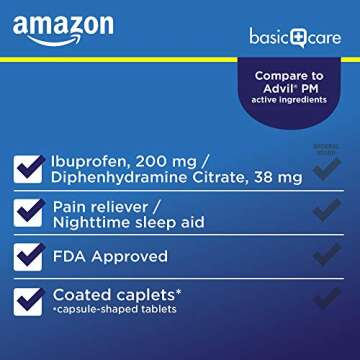 Amazon Basic Care Ibuprofen PM, Ibuprofen 200 mg and Diphenhydramine Citrate 38 mg Tablets, Pain Reliever and Nighttime Sleep-Aid, 20 Count