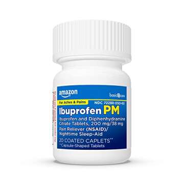 Amazon Basic Care Ibuprofen PM, Ibuprofen 200 mg and Diphenhydramine Citrate 38 mg Tablets, Pain Reliever and Nighttime Sleep-Aid, 20 Count