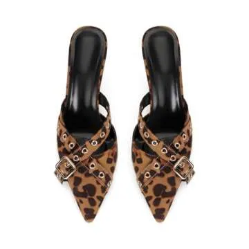Dsevht Leopard Print Kitten Heels for Women Pointed Closed Toe Heels Dressy Bow Heels Vintage Heels Mules Sexy Pointy Studded Heels Slip on Stiletto Heels Pumps