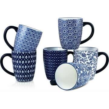 Selamica Vintage Blue Coffee Mugs Set - 16 oz Ceramic Tea Cups, Dishwasher Safe