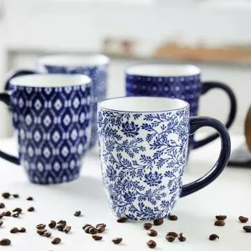 Vintage Blue Coffee Mugs Set - 16 oz, Dishwasher Safe