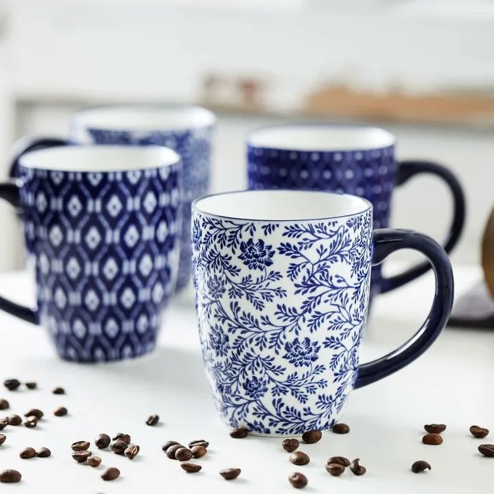 Vintage Blue Coffee Mugs Set - 16 oz, Dishwasher Safe