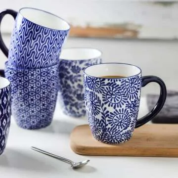 Vintage Blue Coffee Mugs Set - 16 oz, Dishwasher Safe