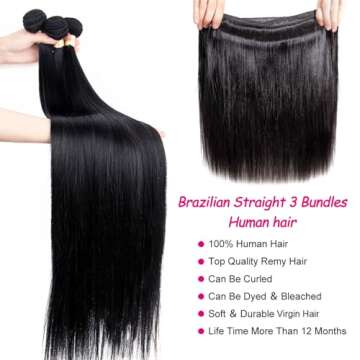 LXYANOO 12A Straight Bundles Human Hair with 5x5 Closure 18 20 22+16 Inch Brazilian Human Hair Bundl...