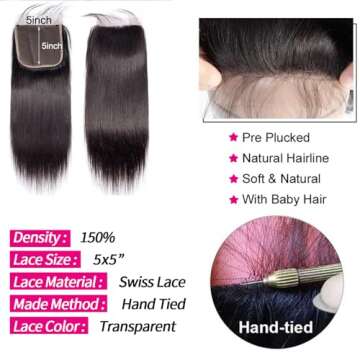 LXYANOO 12A Straight Bundles Human Hair with 5x5 Closure 18 20 22+16 Inch Brazilian Human Hair Bundles with Closure 100% Unprocessed Virgin Weave Bundles Human Hair with 5x5 HD Lace Closure