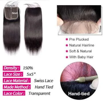 LXYANOO 12A Straight Hair Bundles & Closure - Brazilian Virgin Hair