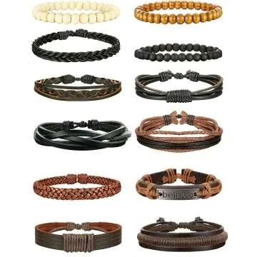 Men's 12Pcs Braided Beaded Leather Bracelets