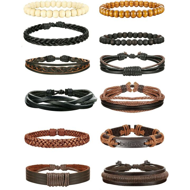 Men's 12Pcs Braided Beaded Leather Bracelets