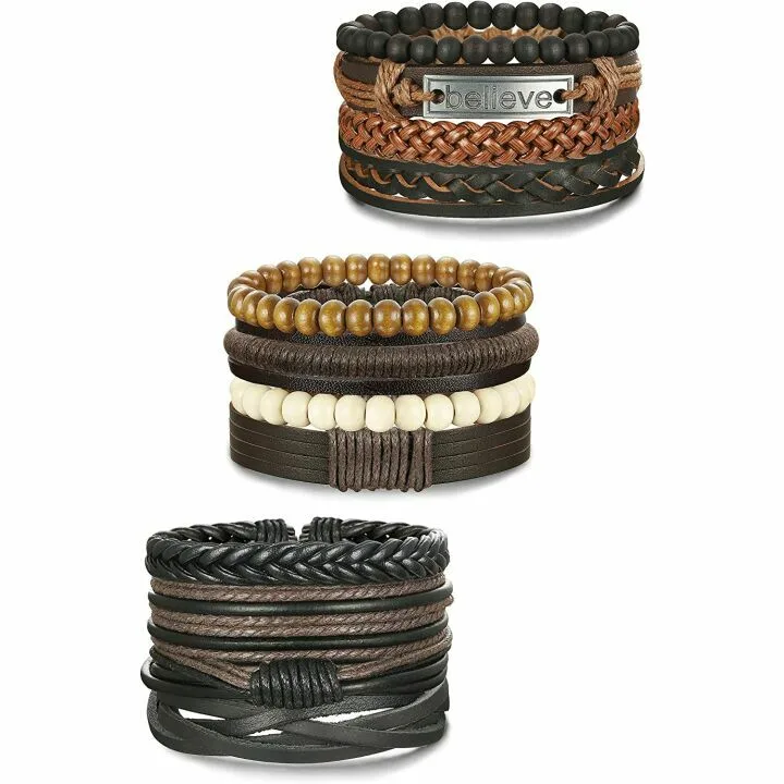 Men's 12Pcs Braided Beaded Leather Bracelets