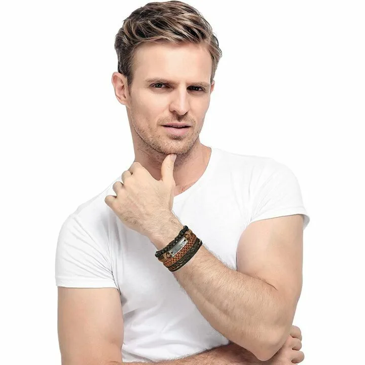 Men's 12Pcs Braided Beaded Leather Bracelets